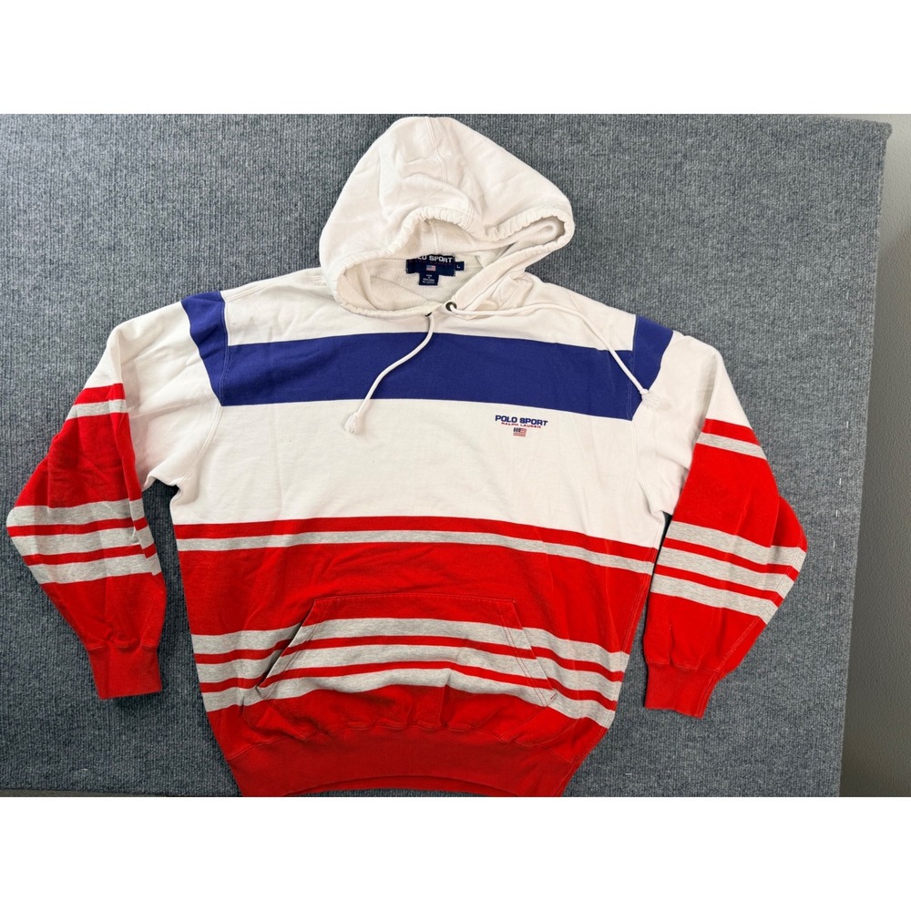 Vintage Polo Sport Ralph Lauren Hoodie L White Red Blue Y2K Cotton Sweatshirt